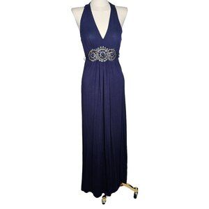 Y2K Eci New York V-Neck Jersey Beaded Waist Sleeveless Long Maxi Dress Blue Size